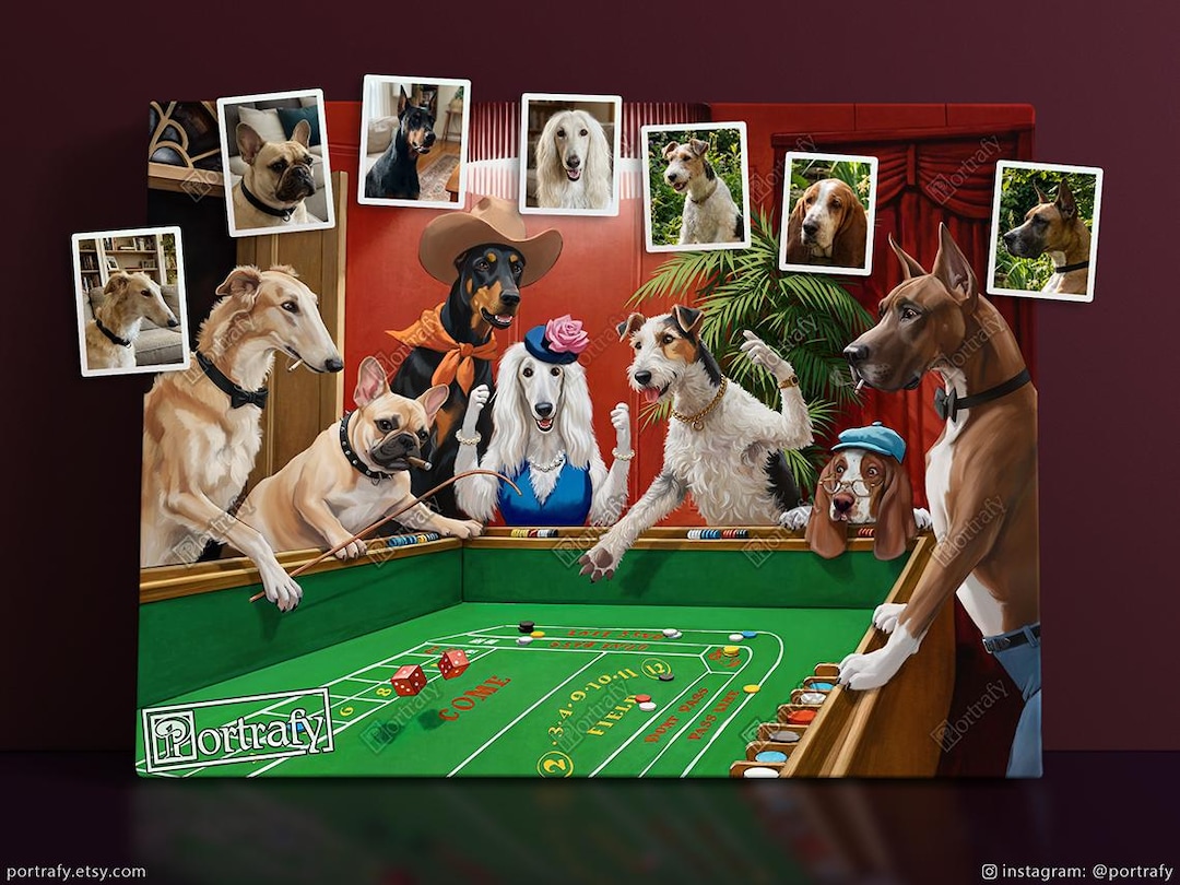 Gambling Pets Playing Craps Custom Pet Portrait, Casino Dice Wall Art, Man Cave Decor