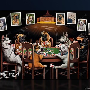 May include: A painting of a group of dogs playing poker. The dogs are sitting around a green felt table with cards, chips, and drinks. The dogs are all wearing human clothes and have human expressions. The painting is done in a realistic style and is very detailed.