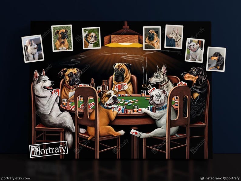 May include: A painting of a group of dogs playing poker. The dogs are sitting around a green felt table with cards, chips, and drinks. The dogs are all wearing human clothes and have human expressions. The painting is done in a realistic style and is very detailed.