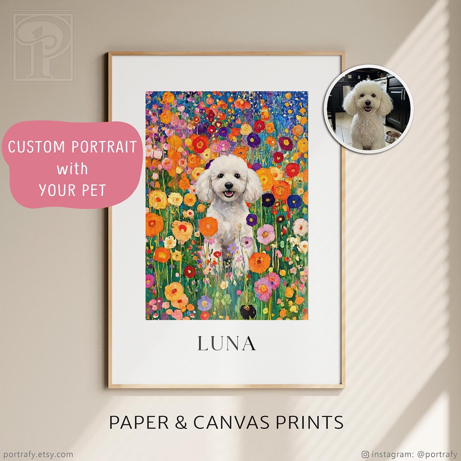 Custom Dog Memorial Portrait on Canvas & Paper, Klimt Inspired Pet in Flower Field Art