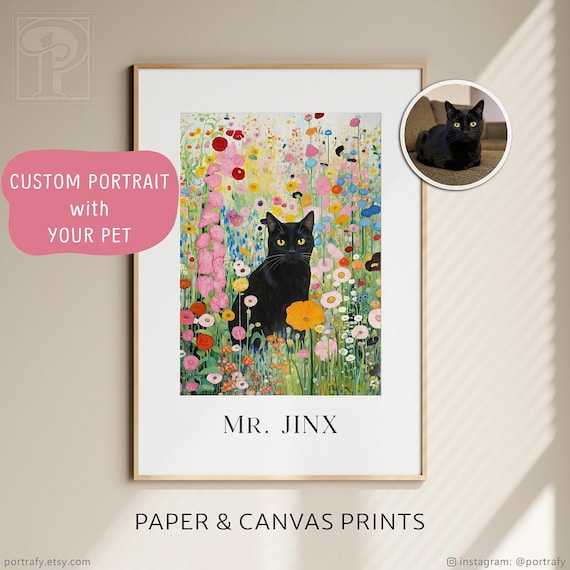 Custom floral pet portrait, Klimt inspired dog & cat art print, Personalized pet gift