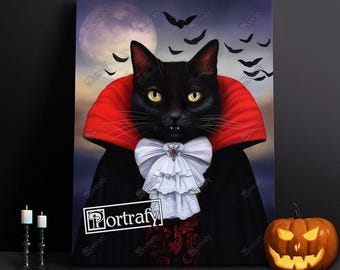 Vampire Pet Portrait, Halloween Pet, Dracula Pet Portrait, Vampire Cat costume, gift for pet, Custom Pet Portrait, Funny Halloween gift