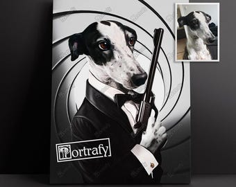 Personalized Secret Agent Pet Portrait, Secret Service Detective Dog Portrait, Custom 007 Bond Poster, Funny Pet Portrait Custom Art Gift