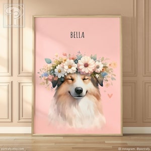Custom Floral Crown Pet Portrait from Photo, Flower Crown Watercolor Painting with Your Pet, Flower Dog Portrait, Gift for Dog Owner