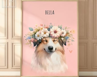 Custom Floral Crown Pet Portrait from Photo, Flower Crown Watercolor Painting with Your Pet, Flower Dog Portrait, Gift for Dog Owner