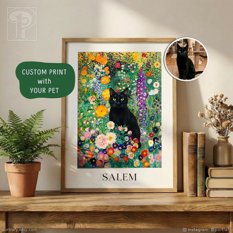 Black cat sits in colorful flower field. Custom pet painting inspired by Gustav Klimt.