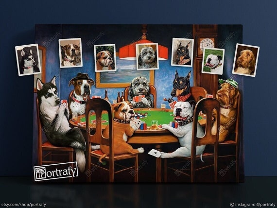 Dogs Playing Poker Custom Pet Portrait, Funny Gambling Pet Portrait from photos, Pets at Poker Table Playing Cards, Poker Lover Gift