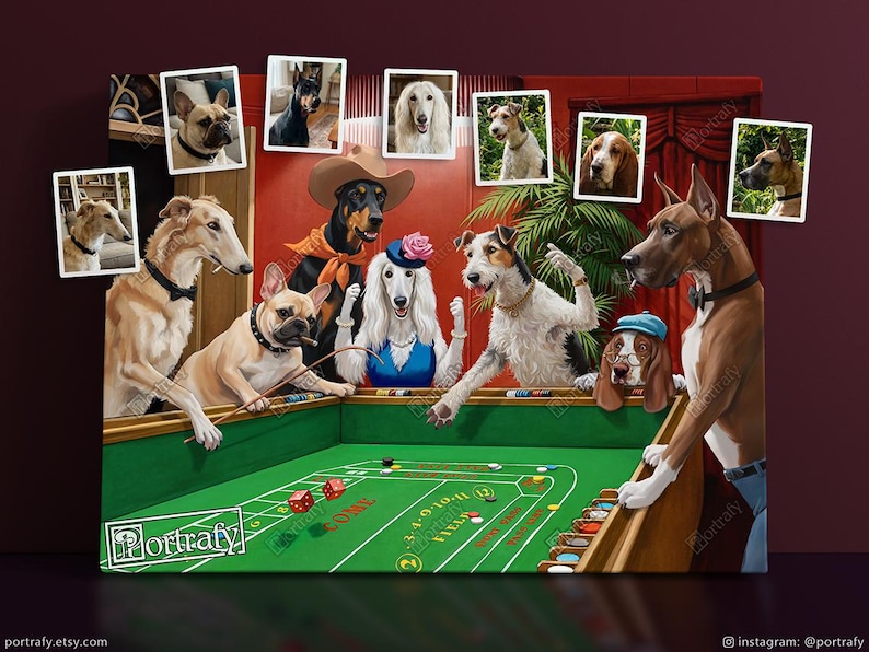 Dogs Playing Poker Custom Pet Portrait, Funny Gambling Pet Portrait from photos, Pets at Poker Table Playing Cards, Poker Lover Gift image 18