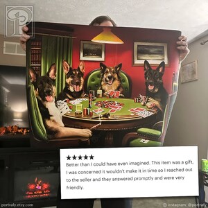 May include: A painting of four dogs playing poker. The dogs are wearing human clothing and are sitting around a table with cards, chips, and drinks. The painting is in a realistic style and has a humorous tone.