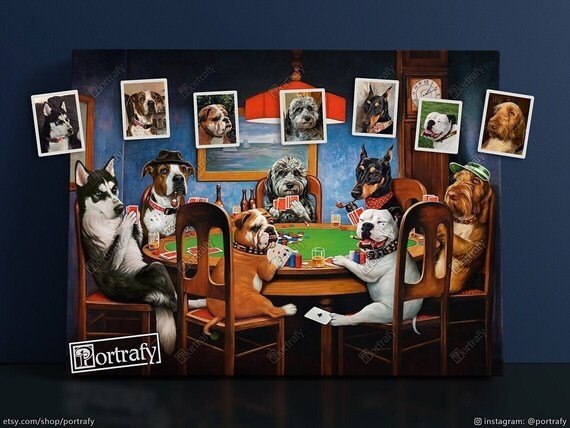 Dogs Playing Poker Custom Pet Portrait, Funny Gambling Pet Portrait from photos, Pets at Poker Table Playing Cards, Poker Lover Gift