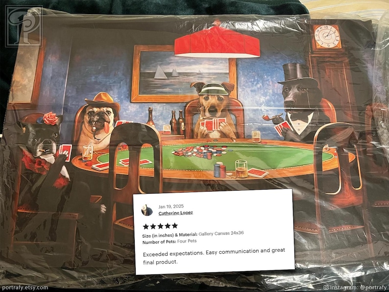 Dogs Playing Poker Custom Pet Portrait, Funny Gambling Pet Portrait from photos, Pets at Poker Table Playing Cards, Poker Lover Gift image 12