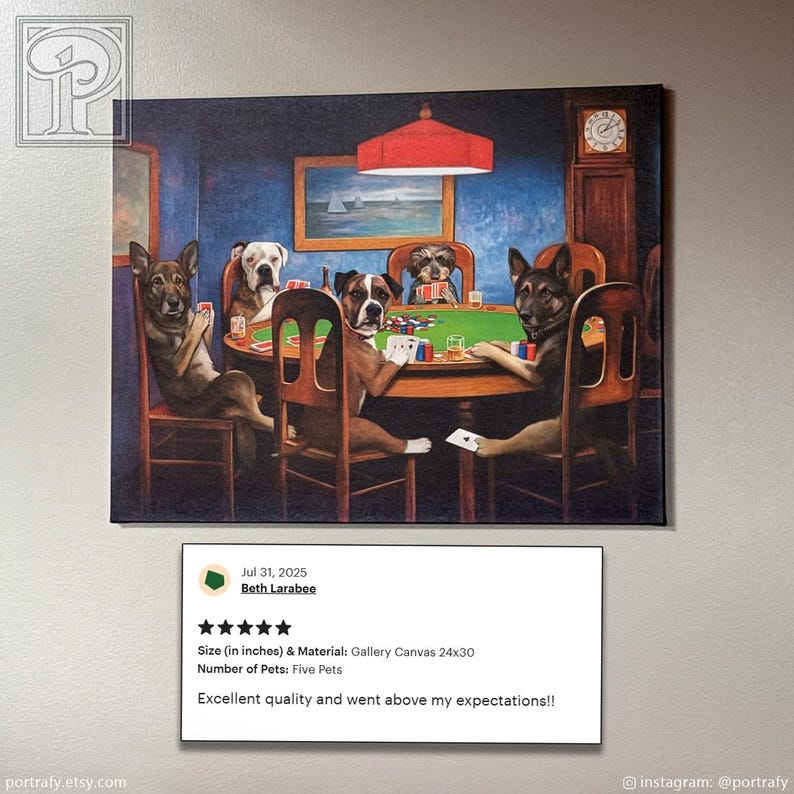 Dogs Playing Poker Custom Pet Portrait, Funny Gambling Pet Portrait from photos, Pets at Poker Table Playing Cards, Poker Lover Gift image 19
