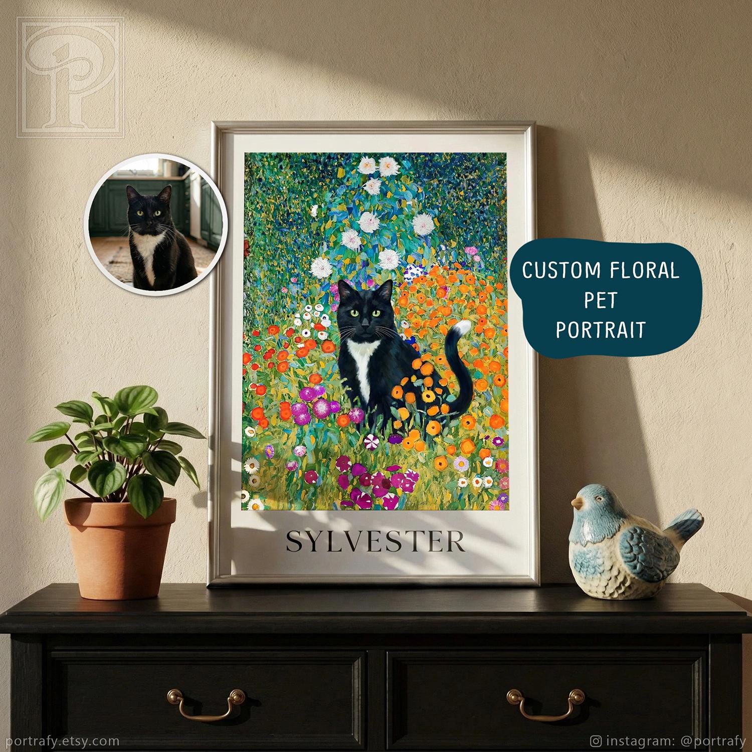 Custom Pet Memorial Portrait, Gusatav Klimt Inspired Dog or Cat in Colorful Flower Field
