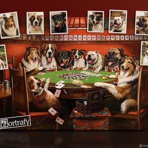 Dogs Playing Poker Custom Pet Portrait, Funny Gambling Pet Portrait from photos, Pets at Poker Table Playing Cards, Poker Lover Gift image 7