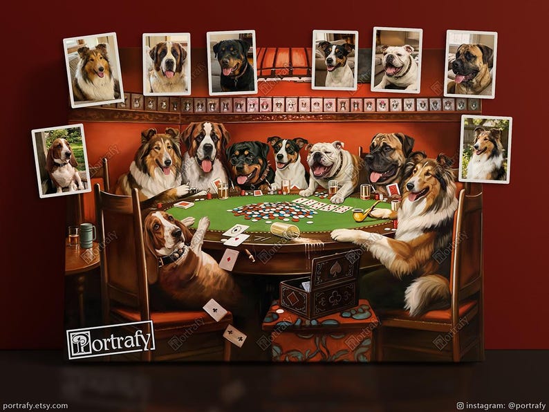 Dogs Playing Poker Custom Pet Portrait, Funny Gambling Pet Portrait from photos, Pets at Poker Table Playing Cards, Poker Lover Gift image 7