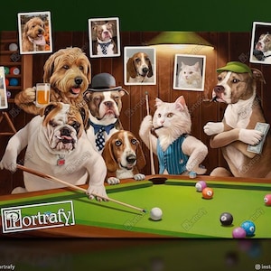 Peut inclure: Une peinture fantaisiste représente un groupe d'animaux anthropomorphes jouant au billard dans un bar faiblement éclairé. Chiens et un chat sont vêtus, tenant des queues, des boissons et de l'argent. La table de billard verte est entourée de boules colorées.