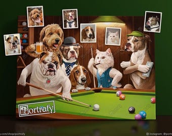 Dogs Playing Pool, Pets Playing Billiards, Custom Portrait for Pool Lover, Dogs Playing Billiards, Funny Gift for Billiard Lover