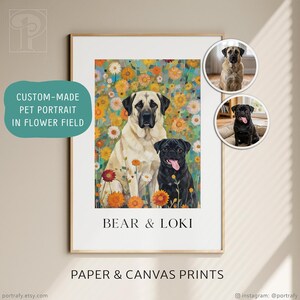 May include: A framed custom pet portrait featuring two dogs, a large tan dog and a black pug, set against a vibrant flower field. The text "BEAR & LOKI" is below the dogs. The image also includes the text "CUSTOM-MADE PET PORTRAIT IN FLOWER FIELD" and "PAPER & CANVAS PRINTS".