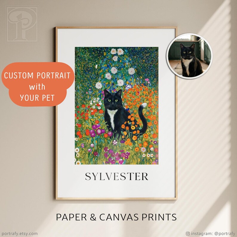 May include: A framed print featuring a black and white cat in a colorful floral garden. The print includes the name "SYLVESTER" and the text "CUSTOM PORTRAIT with YOUR PET" and "PAPER & CANVAS PRINTS". The image also includes a smaller inset photo of the cat.