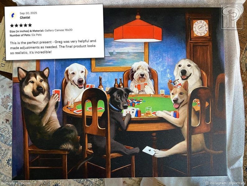 Dogs Playing Poker Custom Pet Portrait, Funny Gambling Pet Portrait from photos, Pets at Poker Table Playing Cards, Poker Lover Gift image 9