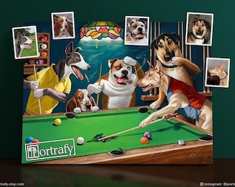 Dogs Playing Pool, Custom Dogs Playing Billiards, Funny Gift for Pool Player, Custom Pet Portrait for Dog Owner, Pets Playing Billiards