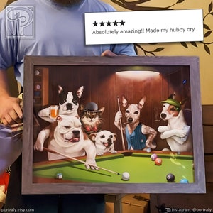 Dogs and Cats playing Billiards, framed paper print