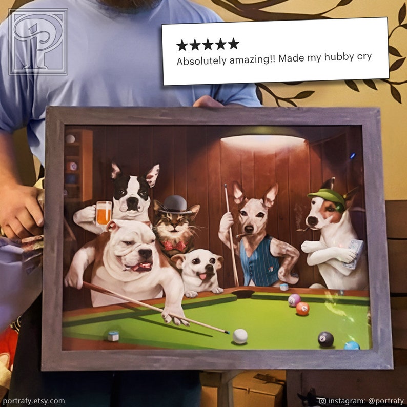 Dogs and Cats playing Billiards, framed paper print