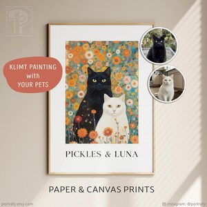 May include: A framed print featuring a Klimt-style painting of two cats, one black and one white, amidst a field of orange and yellow flowers. The print includes the text "PICKLES & LUNA" and "PAPER & CANVAS PRINTS."