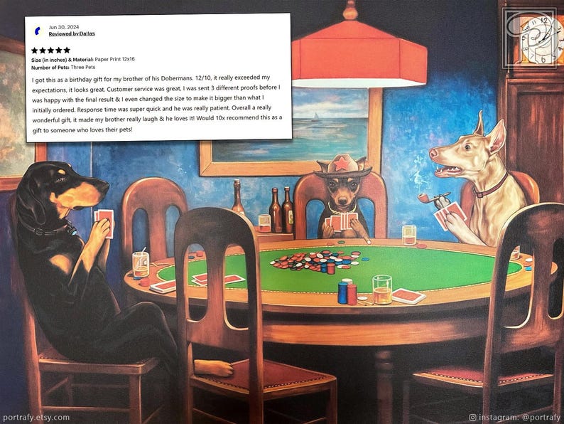 Dogs Playing Poker Custom Pet Portrait, Funny Gambling Pet Portrait from photos, Pets at Poker Table Playing Cards, Poker Lover Gift image 13