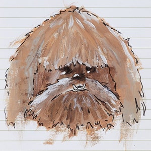 Puede incluir: Una ilustración pintada a mano de una criatura peluda marrón y blanca con una barba espesa. La criatura tiene una expresión seria y parece estar mirando directamente al espectador.