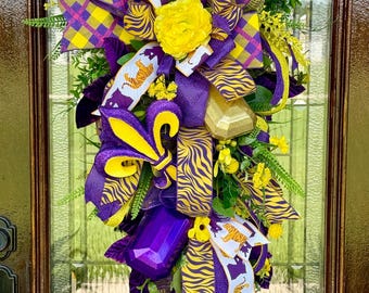 Purple and Gold Football Wreath, Oversized Game Day Door Decor, Purple and Yellow Sports Fan Wreath, Fall Football Porch Decor