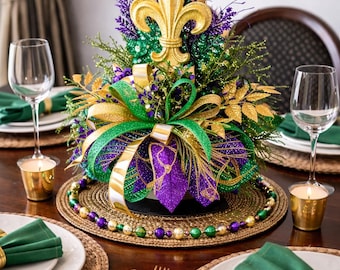 Mardi Gras Centerpiece,  Luxe Faux Floral Arrangement with Fleur-de-Lis, Ribbon & Greenery (18”)