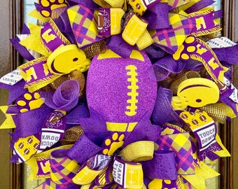 Purple and Gold Football Wreath, Oversized Game Day Door Decor, Purple and Yellow Sports Fan Wreath, Fall Football Porch Decor