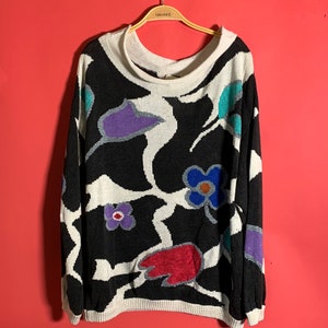 Vintage Krizia Maglia Made In Italy, Knit Sweater Black and White with Colorful Floral Mod Pattern, Size Medium/Large