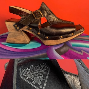 VTG John Fluevog Odpowiedź Odpowiedź Flueseum- Czarne skórzane drewniane chodaki z odkrytymi palcami Rozmiar damski 10