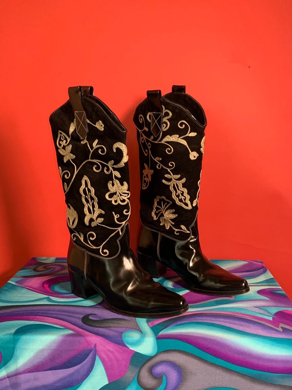 Vintage Black Leather Suede Cowgirl Boots with Wh… - image 2