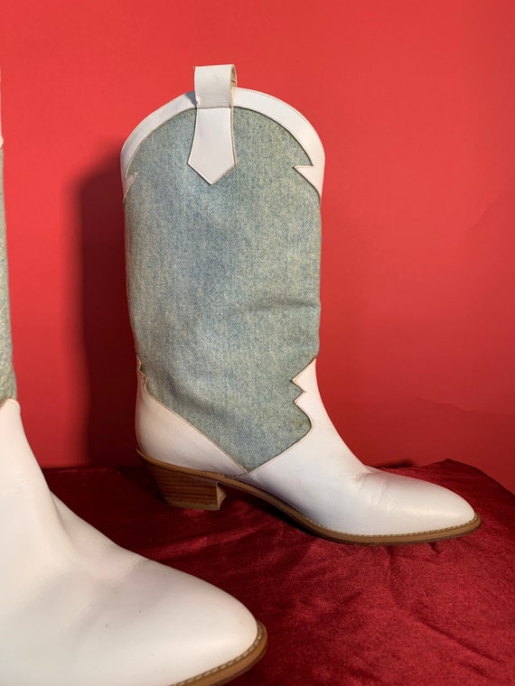 Vintage White Leather And Denim Cowgirl Boots by … - image 6