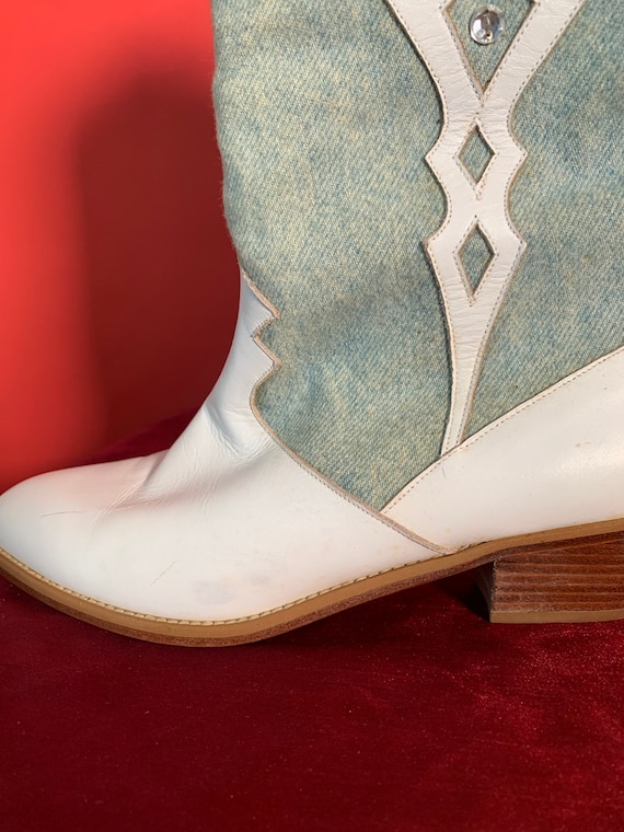 Vintage White Leather And Denim Cowgirl Boots by … - image 3