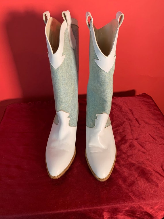 Vintage White Leather And Denim Cowgirl Boots by … - image 10