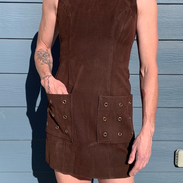 1960's Mod Gogo Brown Suede Mini Dress with Gold Circle Cut Outs, Size Womens XS-S