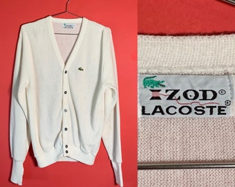 VTG Izod Lacoste - Cardigan en tricot acrylique blanc, pull boutonné pour hommes, moyenne grande