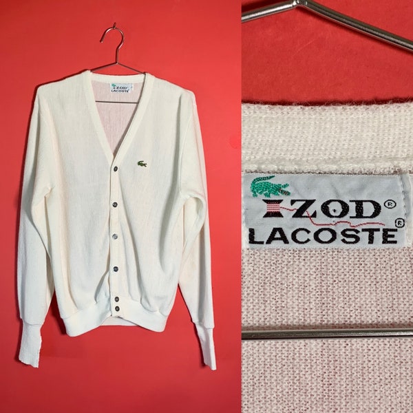 VTG Izod Lacoste White Acrylic Knit Cardigan Sweater Button Up Men’s Medium Large