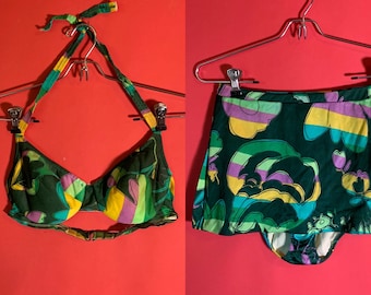 VTG 1970 Verde Floreale Bikini Set 2 Pezzi, Halter Top Gonna a Vita Alta Costume da Bagno Taglia da Donna Piccolo