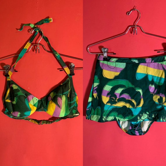 VTG 1970's Green Floral Bikini 2 Piece Set, Halte… - image 1