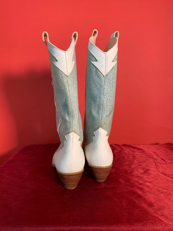 Vintage White Leather And Denim Cowgirl Boots by … - image 9