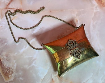 1930’s Pillow Purse Pure Brass and Copper Lined With Blue Velvet Tiny Purse Mini Bag
