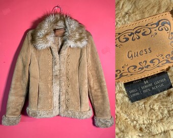 Y2K GUESS Penny Lane Lederjacke Kunstfellmantel Damen Medium