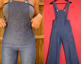 Vintage 70s Chambray Denim Wide Leg Bib Overalls, Flare Denim, With Star on Front, Womens Small