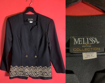 Collection Melissa Petites des années 80, blazer noir et or court pour femme, grande taille fabriquée aux États-Unis