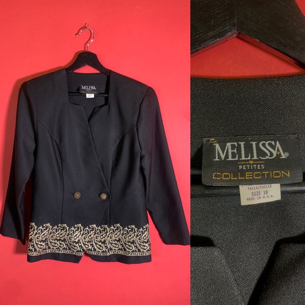 1980's Melissa Petites Collection Black and Gold Blazer Cropped Womens Large Made in USA